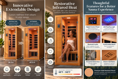 Vanity Art Extendable 1-Person FAR Infrared Sauna | Low EMF Carbon Heating | Bluetooth Audio | Solid Hemlock