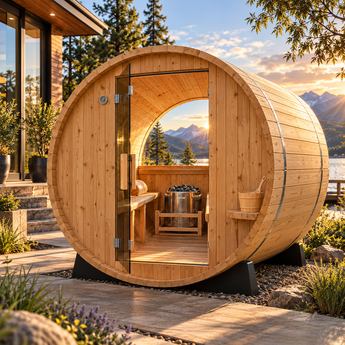 WOODBRIDGE Luxury 2–3 Person Thermo Finnish Pine Outdoor Barrel Sauna | Harvia Electric Heater | Panoramic Half-View Window