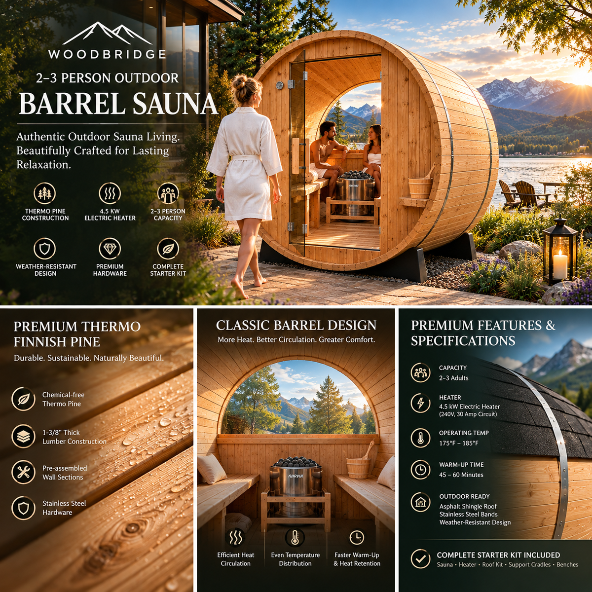 WOODBRIDGE Luxury 2–3 Person Thermo Finnish Pine Outdoor Barrel Sauna | Harvia Electric Heater | Panoramic Half-View Window