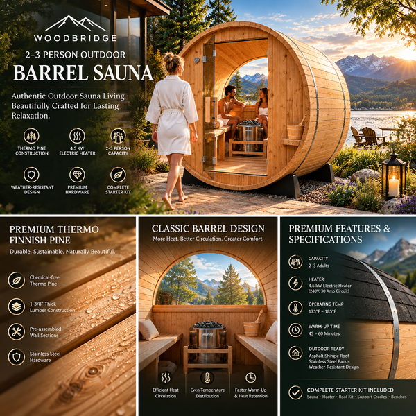 WOODBRIDGE Luxury 2–3 Person Thermo Finnish Pine Outdoor Barrel Sauna | Harvia Electric Heater | Panoramic Half-View Window