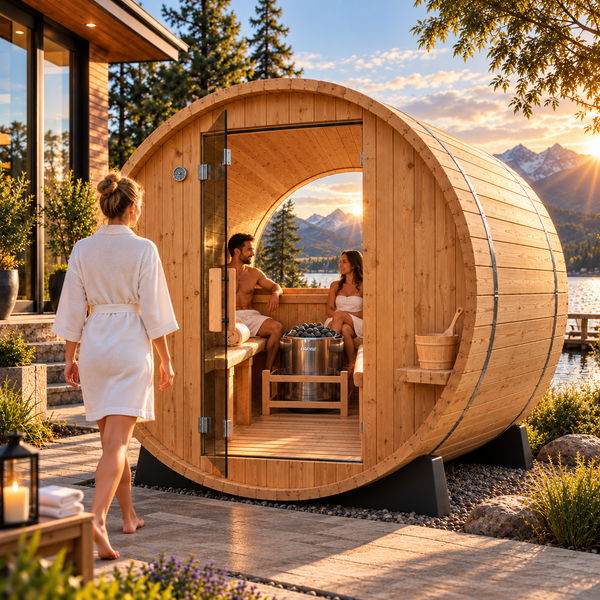 WOODBRIDGE Luxury 2–3 Person Thermo Finnish Pine Outdoor Barrel Sauna | Harvia Electric Heater | Panoramic Half-View Window