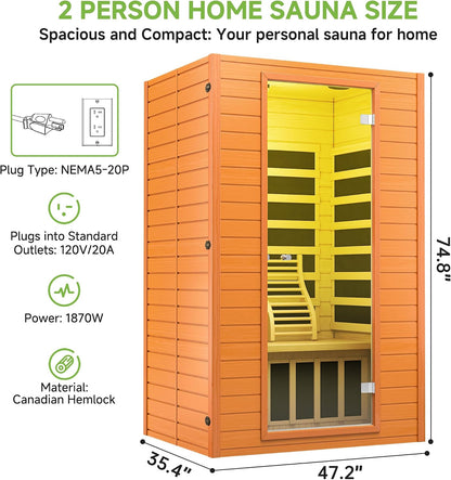 Sauna 2 Person Low EMF FAR Infrared Sauna with Red Light Therapy