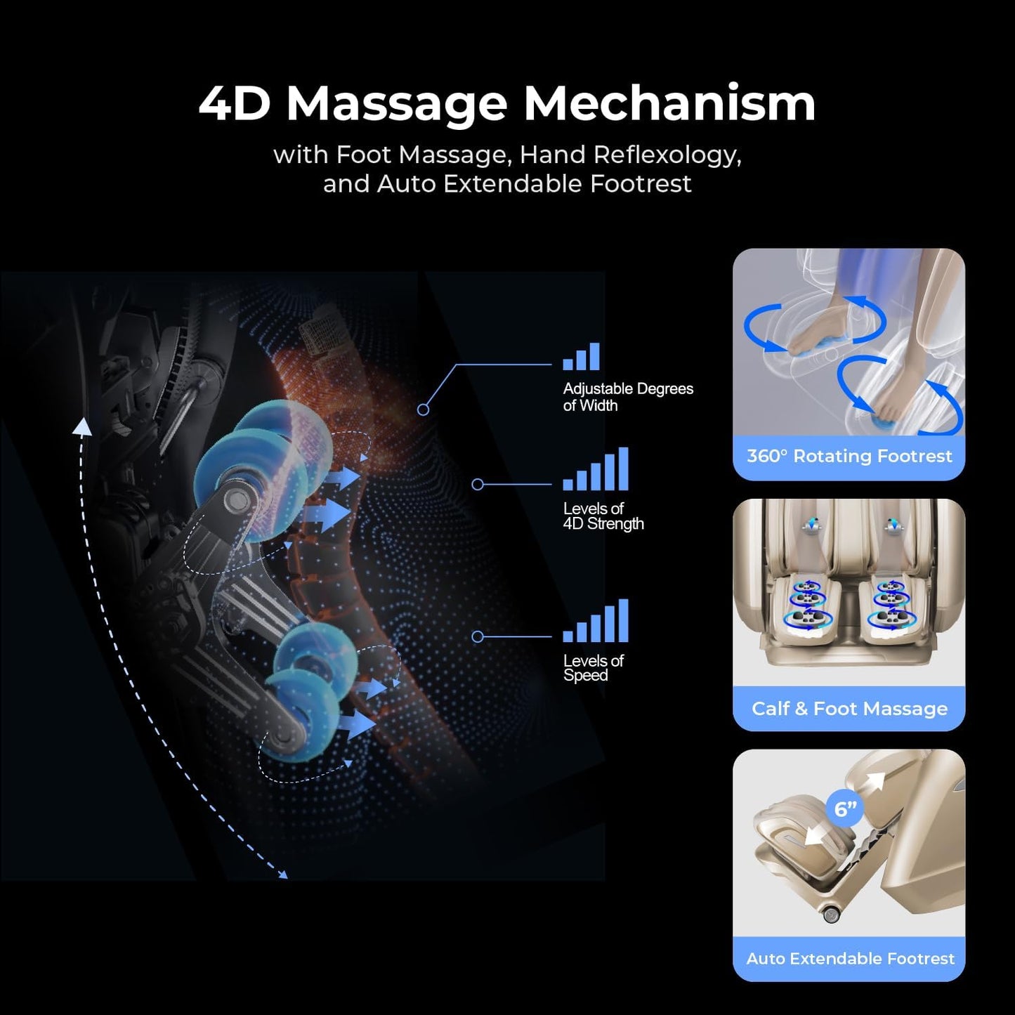 4D Achilles L 360 Rotating Footrest L Full Body Massage Chair L Zero Gravity L 360 Kenading Calfrest L Lumbar Heating L Touchscreen Controller L Auto Body Scan L Bluetooth Speaker (Black)
