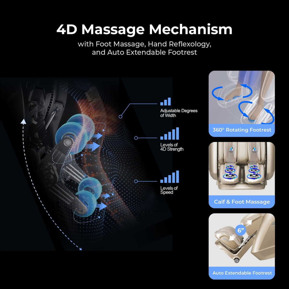 4D Achilles L 360 Rotating Footrest L Full Body Massage Chair L Zero Gravity L 360 Kenading Calfrest L Lumbar Heating L Touchscreen Controller L Auto Body Scan L Bluetooth Speaker (Black)