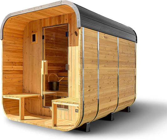 Backyard Discovery Lennon 4-6 Person Traditional Cedar Outdoor Cube Sauna with Porch, Electric Sauna Heater, Sauna Rocks, Dry Heat, Steam Sauna, LED Lights, Wi-Fi Control, Sauna Accessories